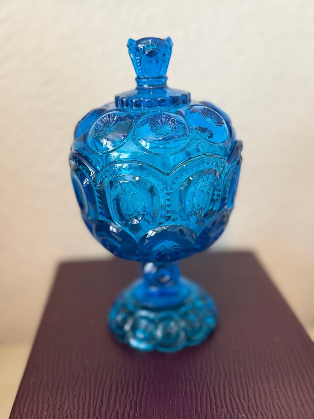 Vintage L.E. Smith Moon and Stars Blue Glass Lidded Pedestal Compote Dish